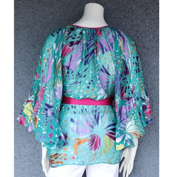 Catherine Malandrino Women's Size 4 Green Pink Blouse Floral Belted Silk Shirt - Picture 5 of 6